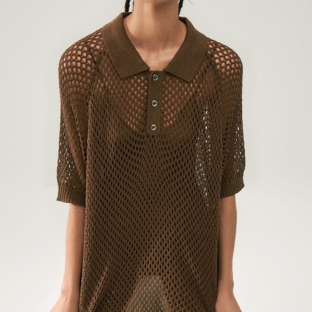 Silk Laundry Brown Crochet Polo